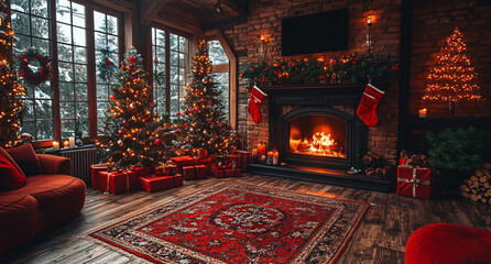 Rustic Christmas Interior with Decorated Tree and Hanging Stockings
