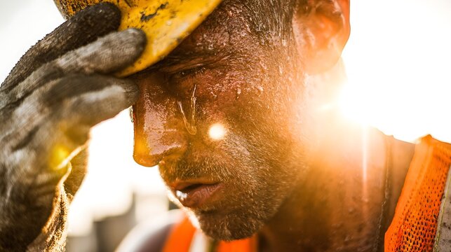 Exhausted Construction Worker Wiping Sweat From His Face