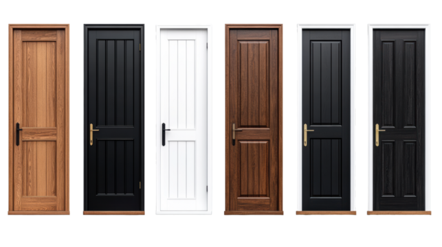 Set of Various Wooden and Painted Doors on Transparent Background