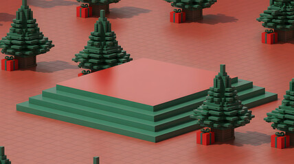 Isometric Christmas Scene with Pixelated Trees and Gifts Around a Red Platform