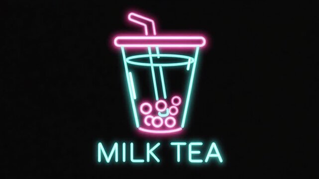 Neon milk tea icon glowing on a black background, featuring a bright cup with straw and tapioca pearls, perfect for beverage promos, bubble tea ads, cafe menus, and trendy drink graphics.