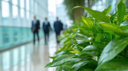 Business people walking in a modern office with greenery in the foreground