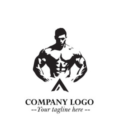 Fototapeta premium Man With Muscle Logo Symbol in Black on White Background for Strong Bold Fitness Branding Design Art
