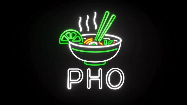 Neon pho icon glowing on a black background, featuring a bright noodle bowl with steam, chopsticks, and lime slice, perfect for Vietnamese food promos, restaurant menus, street-food ads, and cuisine