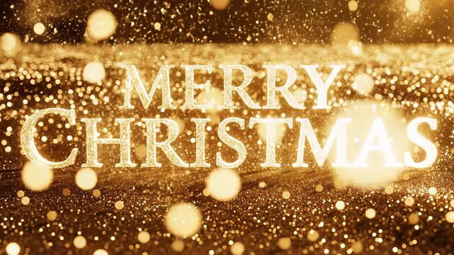 Merry christmas greeting text in sparkling gold glitter with bokeh light effect on a dark background for holiday season celebration