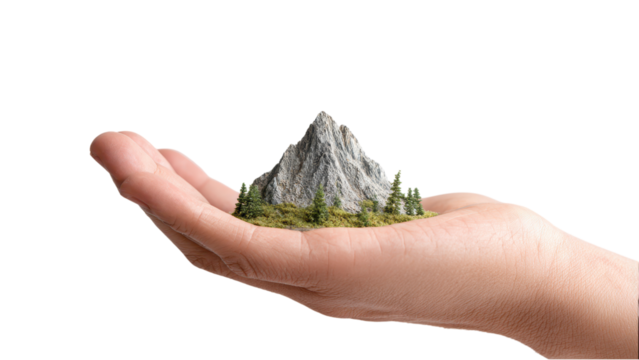 Miniature Mountain in Hand: Conceptual Image of Nature in Our Care