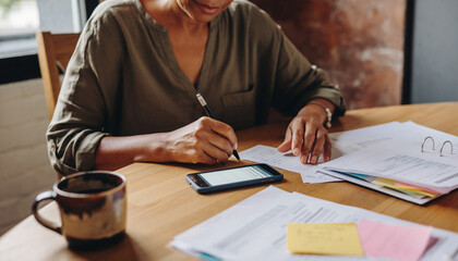 Senior Woman Reviewing Documents at Home with Coffee Mug and Smartphone