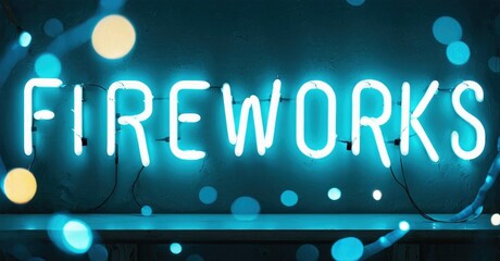 Bright neon sign displays FIREWORKS. Turquoise light glows against dark background. Bokeh effects add visual interest. Simple, bold lettering.