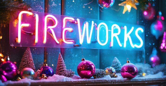 Bright neon sign spells fireworks. Festive decorations surround snowy base. Colorful lights create vibrant holiday scene. - Powered by Adobe