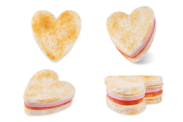 Ham tomato and cheese canape sandwiches in the form of heart for Valentine's day holidays on a white isolated background