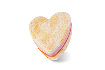 Ham tomato and cheese canape sandwiches in the form of heart for Valentine's day holidays on a white isolated background