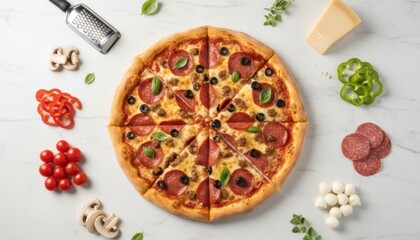 Delicious whole sliced pepperoni and sausage pizza with black olives and basil surrounded by fresh ingredients like tomatoes and mushrooms on a white marble tabletop