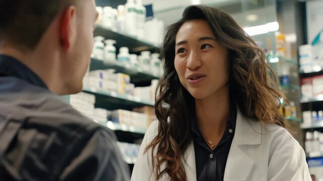A smiling Asian female pharmacist wearing a white lab coat standing behind the counter in her pharmacy shop with shelves filled with medication bottles.