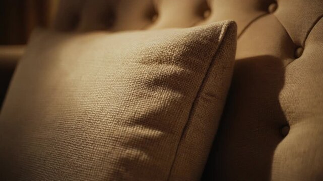 Closeup of a tan textured pillow on a tufted upholstered sofa