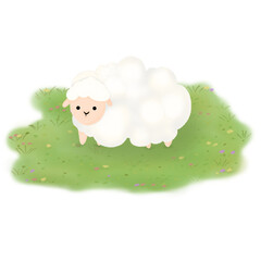 Cute Fluffy Cartoon Sheep on Green Grass Field