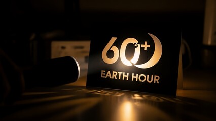 A sign with '60+ Earth Hour' written on it in gold letters, illuminated from below.