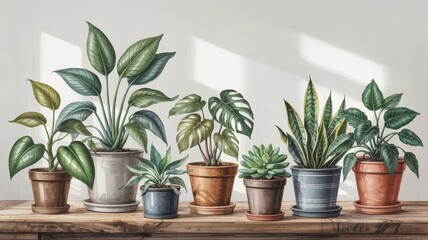 Obraz premium Indoor Plant Collection in Pots on a Wooden Shelf