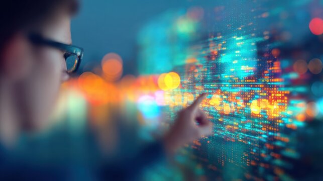 Technology enthusiast explores digital data at a vibrant city skyline