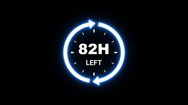 82 hours left countdown timer with glowing blue circular arrows and clock face on a dark background image
