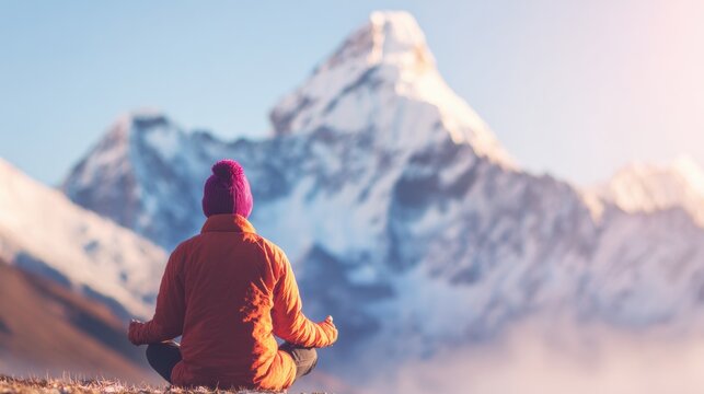 Meditation practice in the mountains during a calm morning sunrise