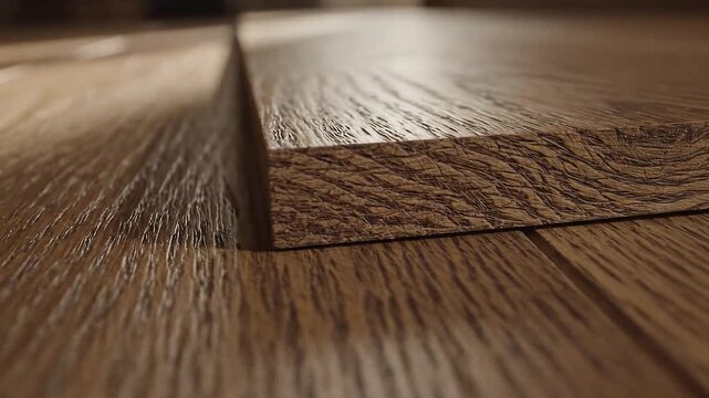 Closeup of a wood plank with visible grain texture on a wooden surface