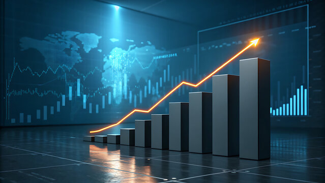 Digital 3d rendering of a rising bar chart with an upward trending orange arrow line graph symbolizing business growth, success, and financial progress in a dark blue futuristic environment