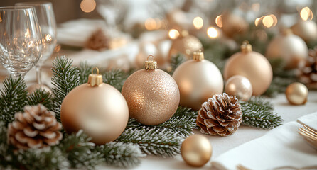 Cozy Christmas Arrangement with Pine Branches, Gold Balls, and Soft Lighting