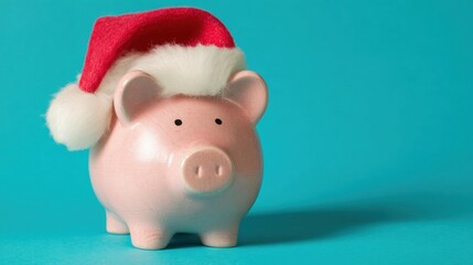 Festive piggy bank wearing a Santa hat on a bright blue background