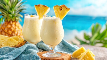 Refreshing tropical drinks with pineapple slices on a sunny beach