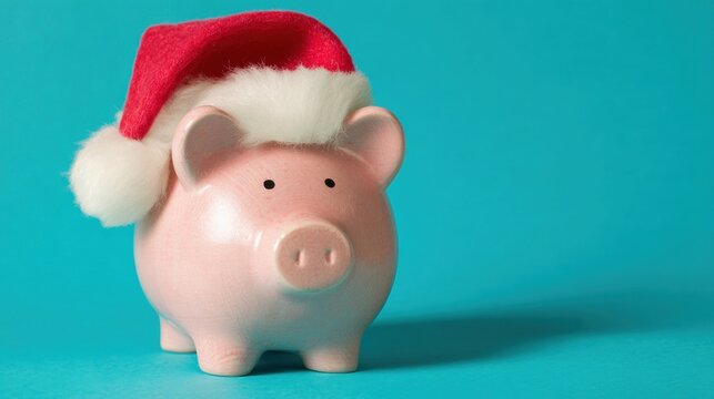 Festive piggy bank wearing a Santa hat on a bright blue background - Powered by Adobe