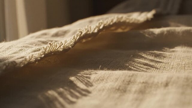 Closeup of textured beige fabric with frayed edge under soft light