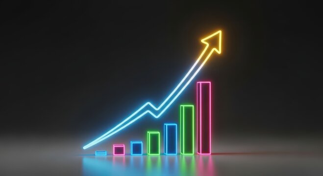 Vivid neon display, Dynamic multicolor neon bars with luminous arrow on dark reflective surface