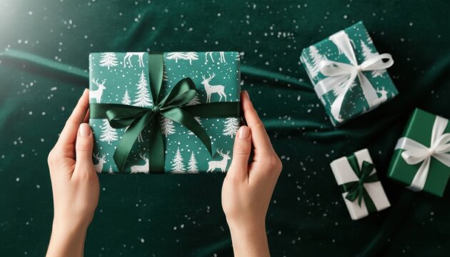 Woman's hands holding a green Christmas gift box with a reindeer and tree pattern and a satin ribbon bow over a dark festive background with falling snow