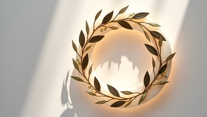 Circular marble wreath adorned with decorative leaves on a minimalist wall.