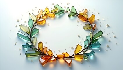 Colorful glass crystal wreath with branches and decorative elements on a light background.