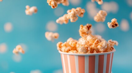 Popcorn flying out of a striped cup against a blue background