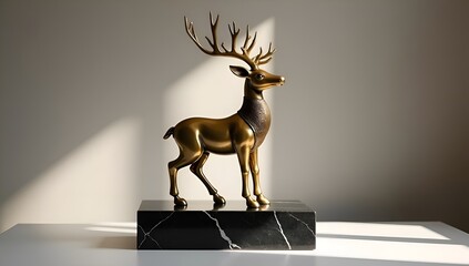 Elegant golden deer statue on a marble base in soft natural light.