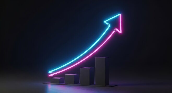 Radiant neon pointer surges upward against glowing bar graph under nighttime lighting conditions