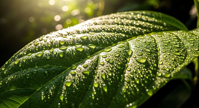 Closeup of lush green leaf covered in sparkling morning dew drops - Powered by Adobe