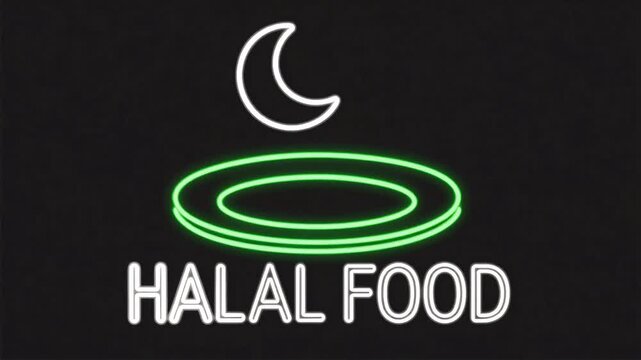 Neon halal food icon glowing on a black background, featuring a bright green plate with a white crescent above it, perfect for halal restaurant signage, menus, certifications, and food-service promos.