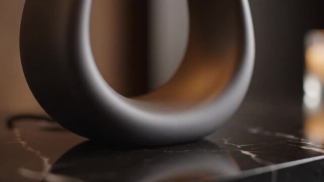 Dark matte toroidal object on a polished black marble surface