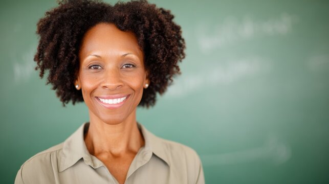 Smiling teacher in front of chalkboard at school during daytime session