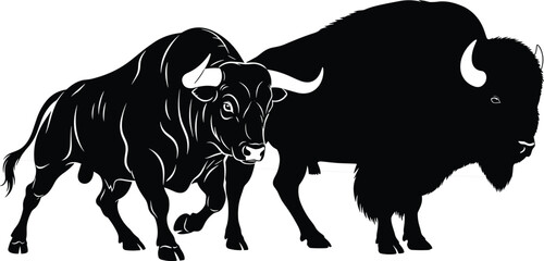Bull and bison silhouette comparison, horned animal contrast, black vector, muscular vs shaggy, wildlife anatomy, species distinction, nature illustration, livestock concept