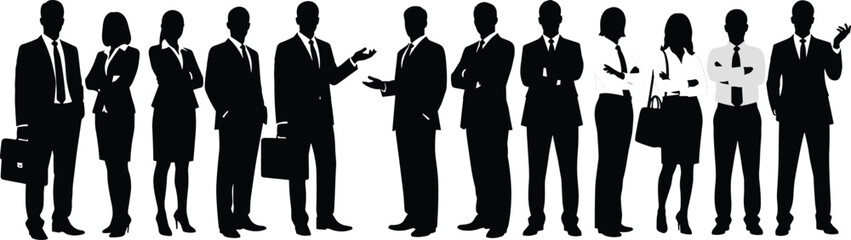 Business professional silhouettes, formal attire group, black vector, corporate team, office culture, briefcase poses, networking concept, career illustration
