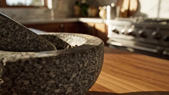Granite mortar and pestle on a wooden counter with a stove in the background