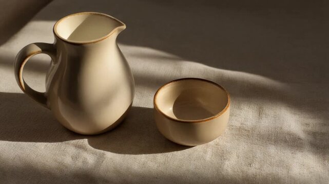 Lightcolored ceramic pitcher and bowl on a textured surface