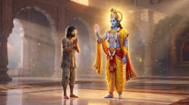 Divine apparition of Krishna blessing a devotee in ancient temple hall Hindu god deity