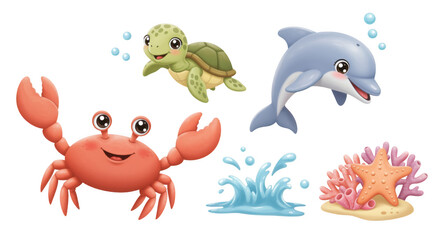 Fototapeta premium Cute cartoon sea creatures including a crab turtle and dolphin isolated on transparent background