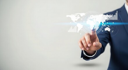 Businessman touching virtual world map with financial bar chart