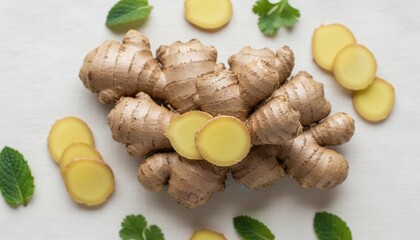 Fresh raw ginger root with yellow slices and green mint leaves in a top-down flat lay composition on a bright white wooden table background for healthy cooking concepts